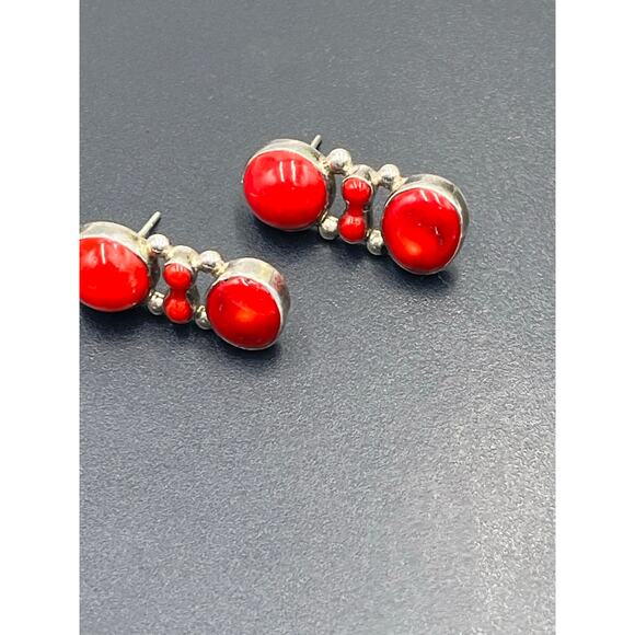 Vintage 950 Mexican Sterling Silver Red Coral Drop Post Earrings Taxco Style - Picture 6 of 11